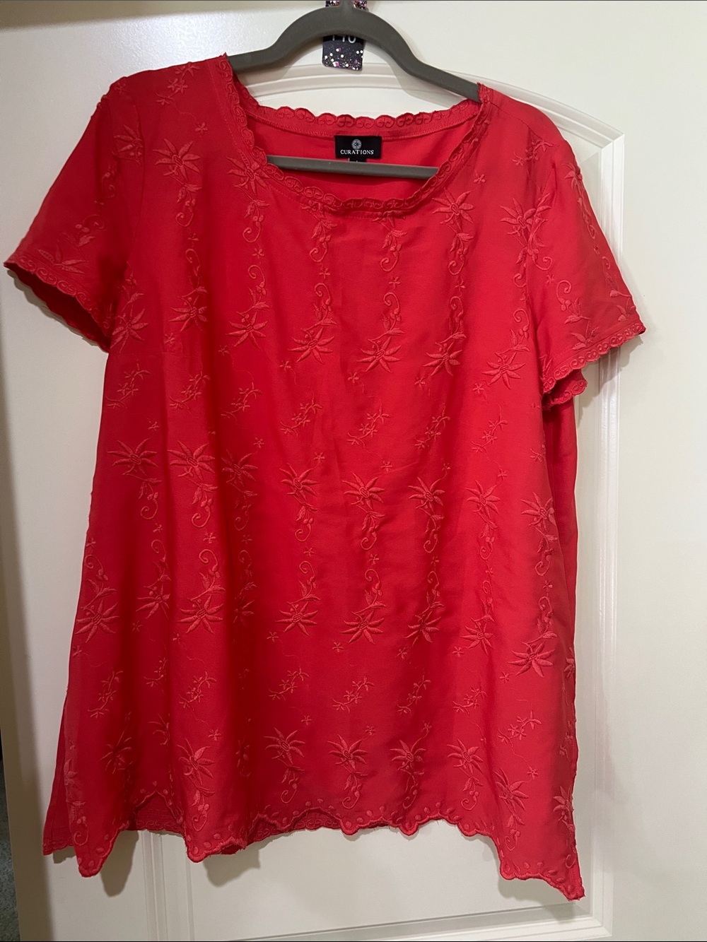 Curations Women's Red Embroidered Short Sleeve Blouse H148